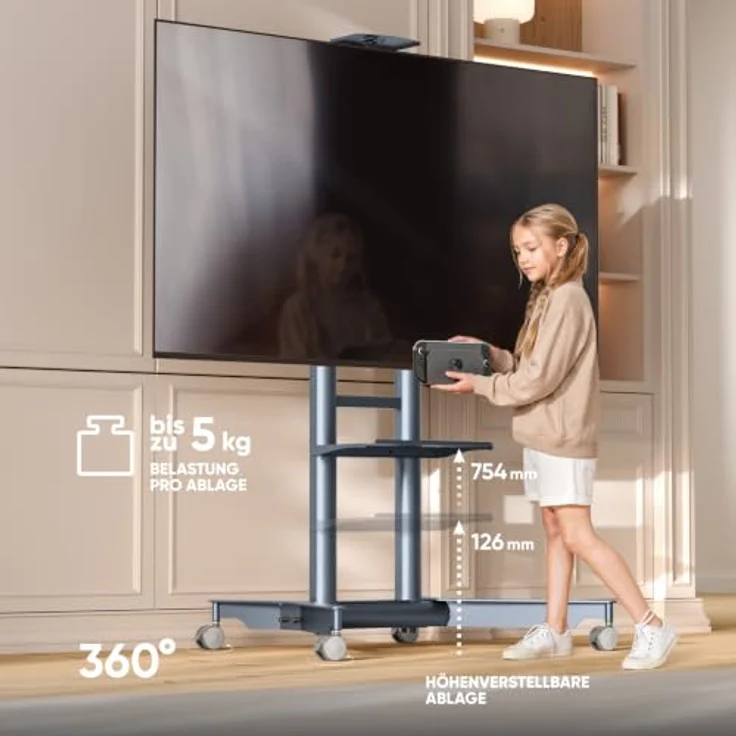 ONKRON TS1571-G, mobiler TV Ständer rollbar für 32-75" Fernseher, bis 50 kg, max VESA 600x400, höhenverstellbar, Graphit – Bild 5