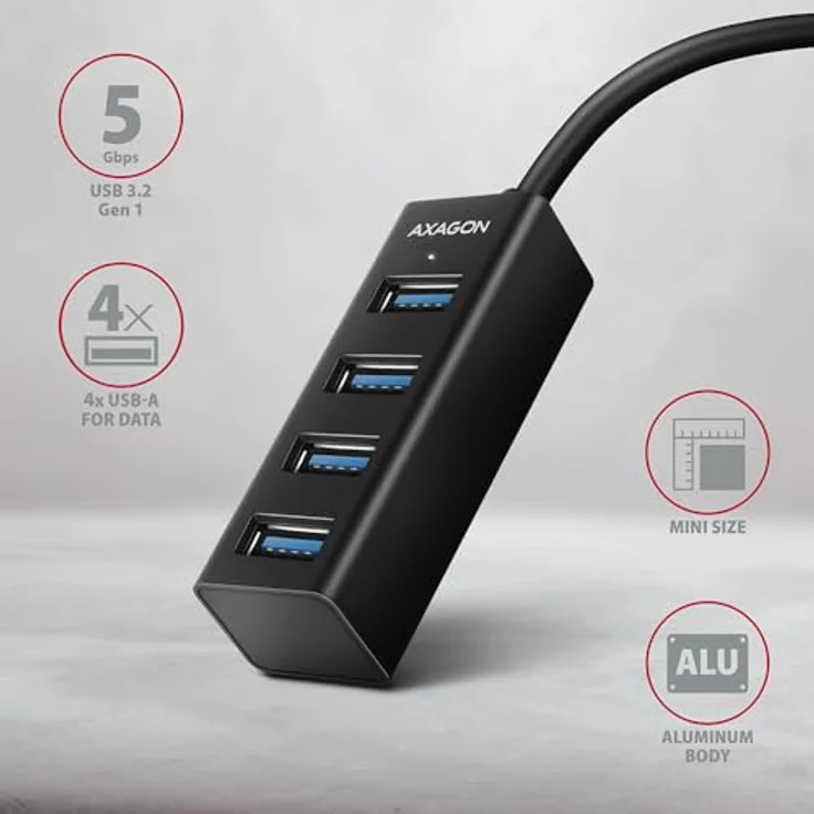 AXAGON HUE-M1C Superspeed USB-C Mini Hub, 4x USB 3.0 - 20cm, schwarz, Kompakter USB 3.0 Hub mit USB-C-Stecker, Datenübertragung bis zu 5 Gb/s – Bild 3