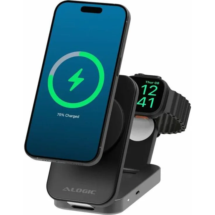 ALOGIC Flip 2-in-1 Induktionsladegerät, Schwarz - für iPhone & Apple Watch, 5 V DC, 9 V DC, Schnellaufladung mit MagSafe-Technologie