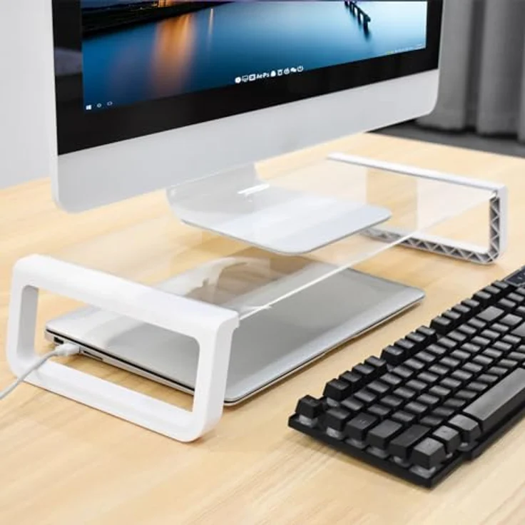 SVITA ANSAN Monitorständer Monitorerhöhung Schreibtisch Computertisch Glas Weiß, Stabiler Bildschirmständer mit großem Stauraum – Bild 2
