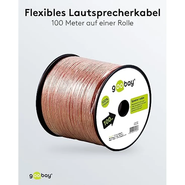 Goobay 15125 Lautsprecherkabel 2x0,75 mm² Kupfer Litze / Boxenkabel Audio Kabel Meterware / Speaker Cable Kupferkabel / Subwoofer Kabel / Transparent / 100m – Bild 4