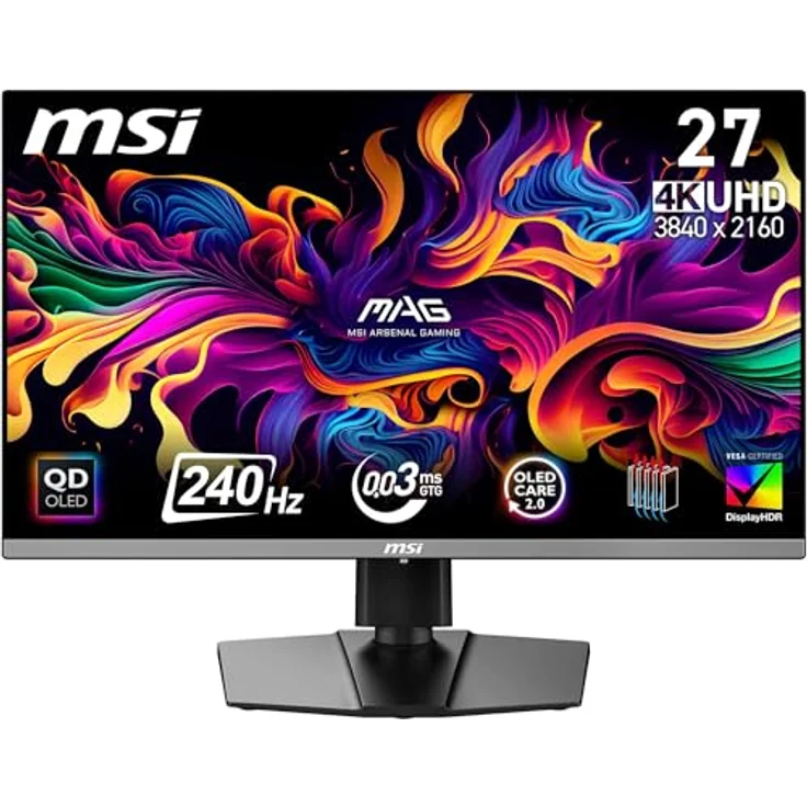 MSI MAG 272UP QD-OLED X24, 27 Zoll Gaming Monitor – 4K UHD 3840x2160, Quantum Dot OLED, 240Hz, 0,03ms, DisplayHDR TRUE Black 400, AMD FreeSync Premium Pro, USB-C (15W PD) – Bild 1