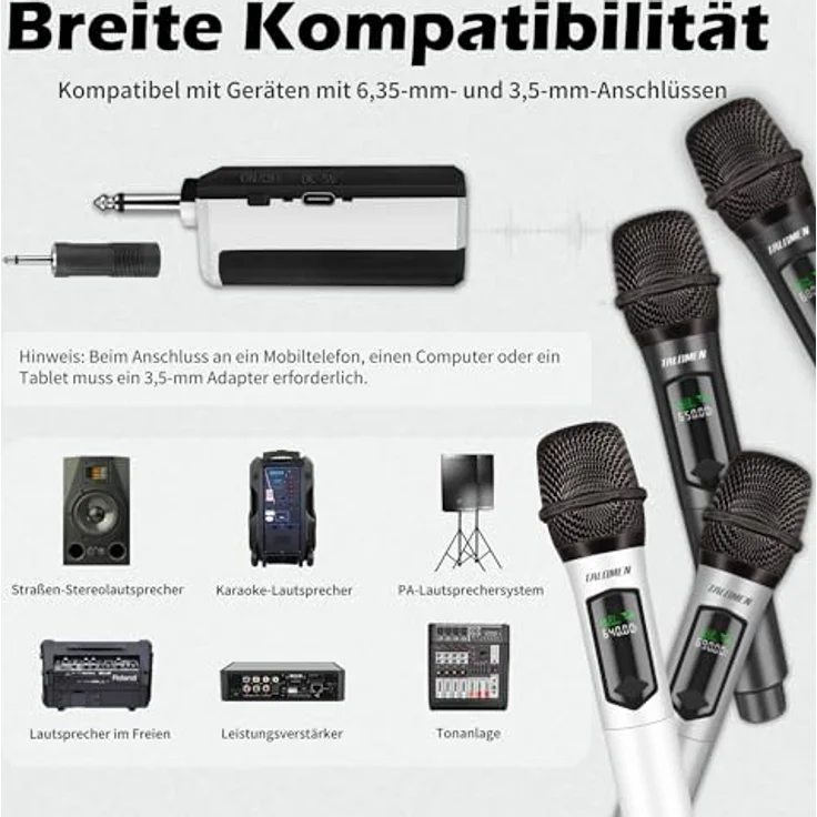 talomen Kabelloses Quad-Mikrofonsystem K604, 2,4 GHz, wiederaufladbar, mit Empfänger, für Gesang und Partys, in Weiß, Silber, Grau und Schwarz – Bild 4