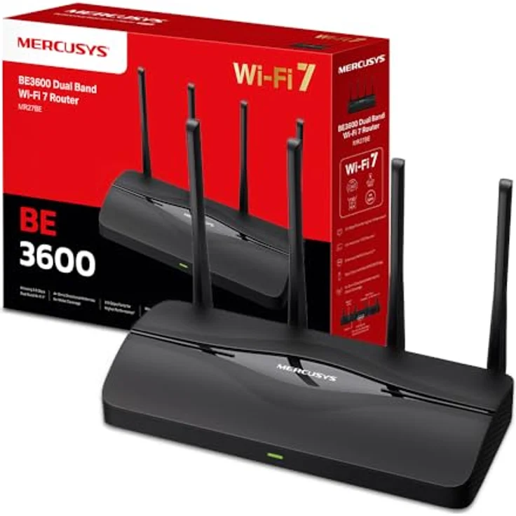 MERCUSYS MR27BE WLAN-Router, Tri-Band 3600 Mbps, 2.5 Gbit/s Ports, 4 Omnidirektionale Antennen, EasyMesh, Plug-and-Play, 4K-QAM