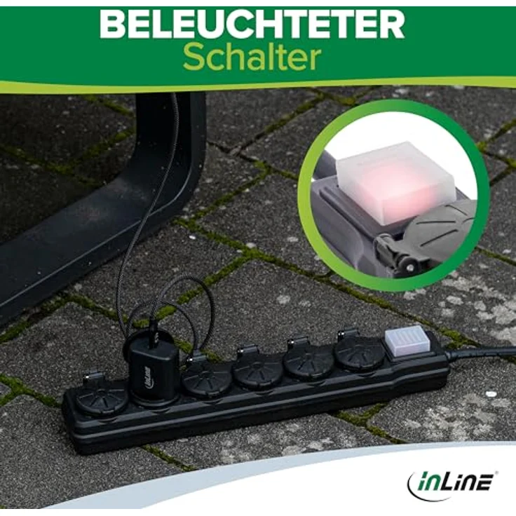 InLine 6-Fach Steckdosenleiste, IP44 Outdoor Mehrfachsteckdose mit beleuchtetem EIN/Aus Schalter, 3m Länge, erhöhter Berührungsschutz, für Garten und Baustelle – Bild 5