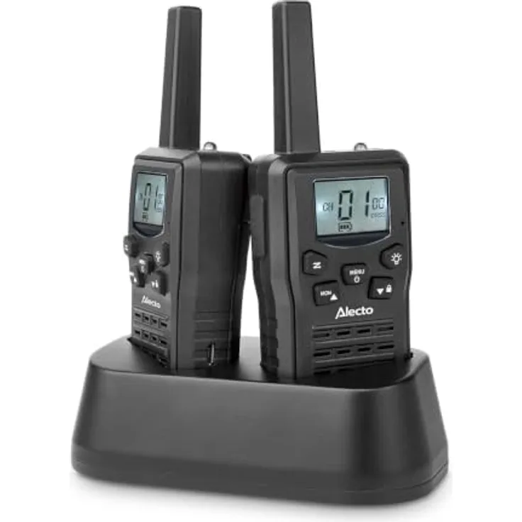 Alecto FR200BK, Set mit 2 wiederaufladbaren Walkie-Talkies, Reichweite bis zu 10 km, VOX-Freisprechfunktion, USB-C, Schwarz