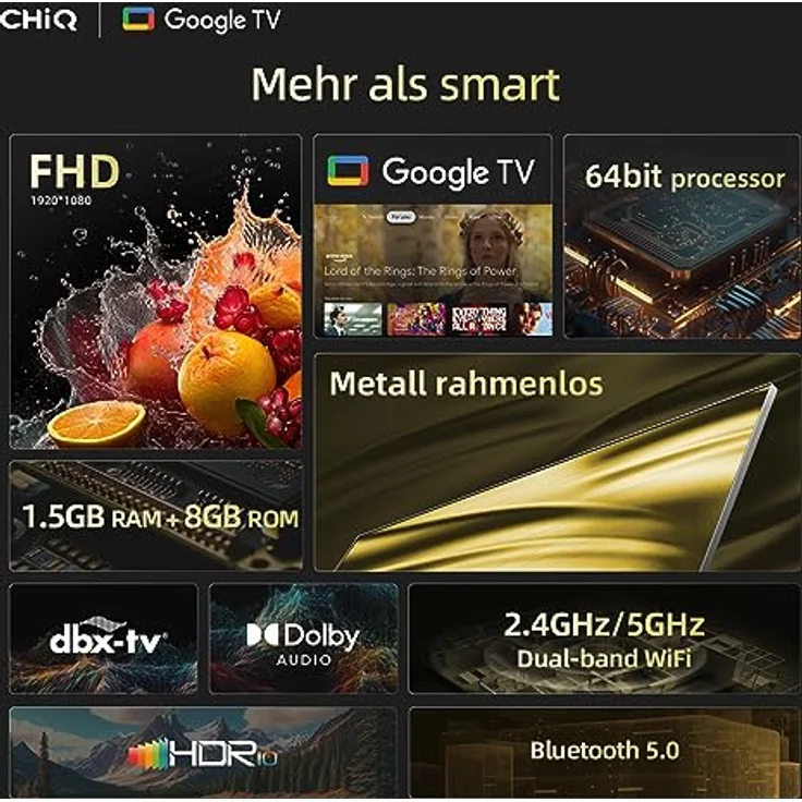 CHIQ L32H8CG 32 Zoll TV, Smart TV, FHD, Metallrahmenlos, HDR10&HLG, Triple Tuner(DVB-T2/S2/C), Google Play, 1.5G RAM+8G ROM, Chromecast, 2.4/5G WiFi, Google Assistant, HDMI, USB, CI, Kopfhörer – Bild 2