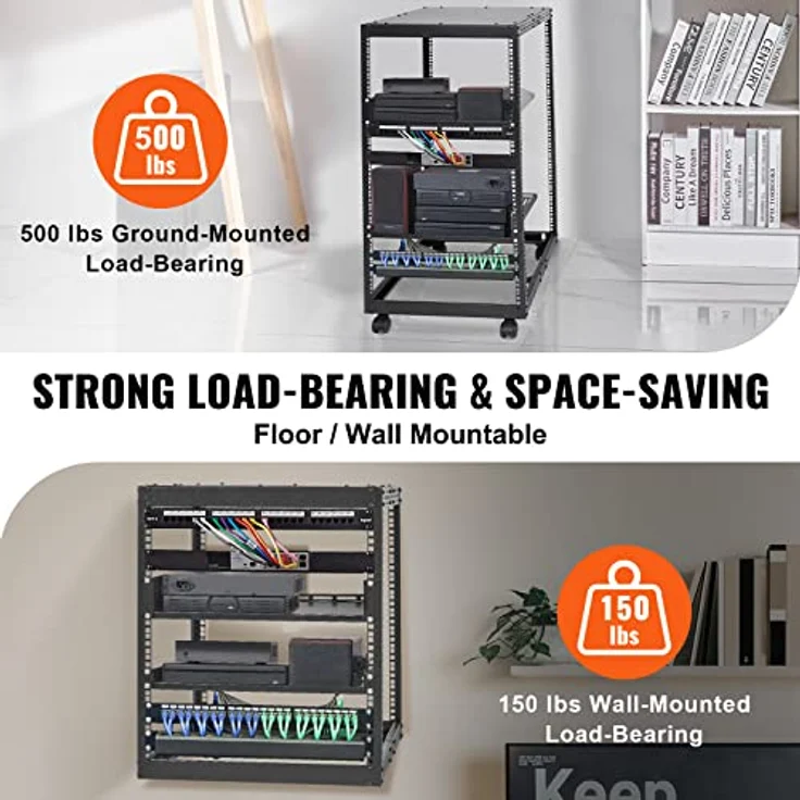 VEVOR 20U Server-Rack mit offenem Rahmen, freistehendes/wandmontiertes 4-Pfosten-AV-Rack mit Rollen, einstellbare Tiefe 23-40 Zoll, Tragfähigkeit 500 lbs, Carbonstahl – Bild 3