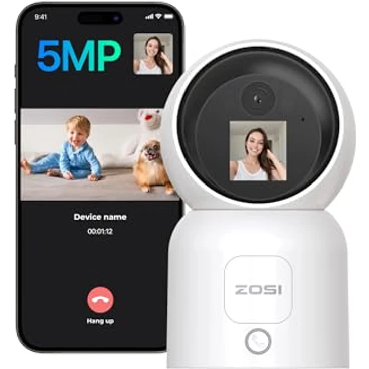 ZOSI 5MP Innen WLAN Überwachungskamera mit 1,44" Display, 2-Wege-Videoanruf, 2,4/5Ghz WiFi, KI Personenerkennung, C519M, Weiß – Bild 1