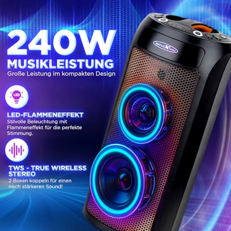 Reflexion PSX30BT, Bluetooth Party Lautsprecher mit 240W Musikleistung, LED-Flammenbeleuchtung und TWS-Funktion – Bild 3