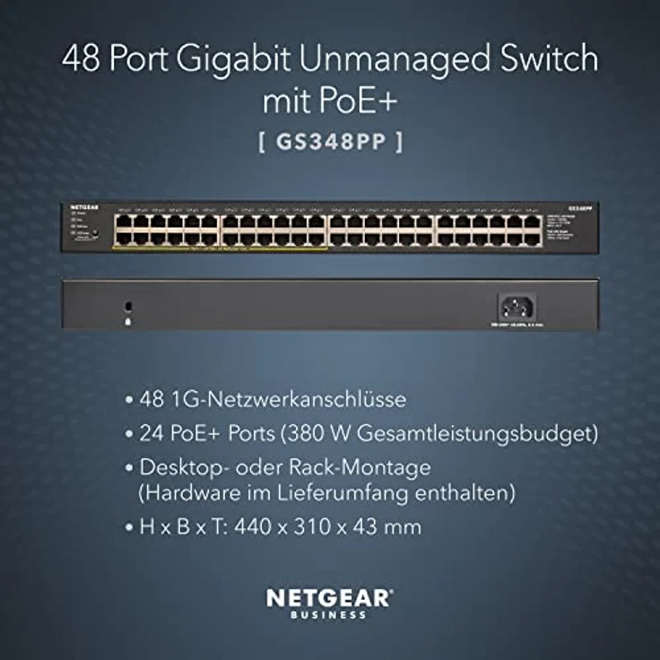 Netgear GS348PP 48 Port Gigabit Ethernet LAN PoE Switch (mit 24x PoE+ 380W, Plug-and-Play, Desktop- oder Rack-Montage, robustes Metallgehäuse) – Bild 2