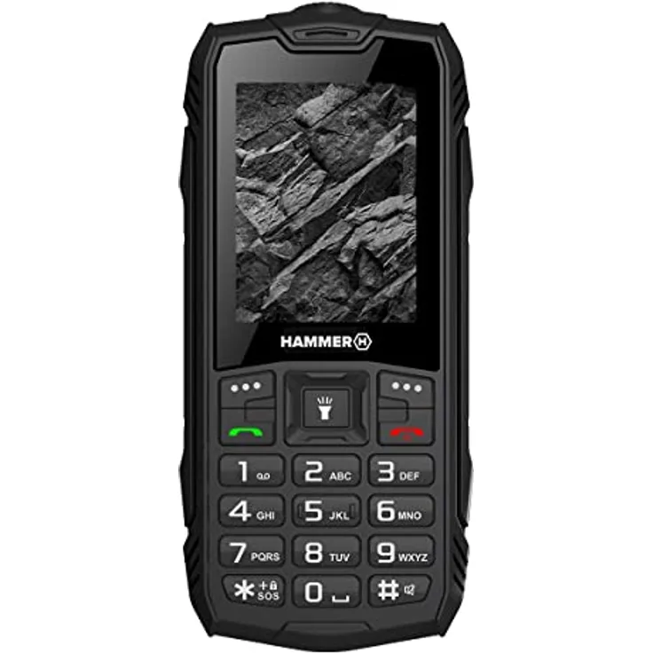 Hammer H Rock Handy ohne Vertrag, 2.4 Zoll Farbdisplay, Robust, Mega Batterie 1800 mAh, (IP68), Stoßfest, Baustellen Tasten, Taschenlampe, Dual SIM, Tastenhandy - Schwartz