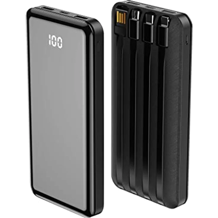 Forever Powerbank 10000 mAh, Powerbank mit USB-C, Lightning und microUSB Kabel, für Huawei, iPhone und Samsung – Bild 1