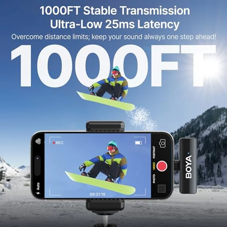 Boya Boyalink V2.0, Kabelloses Mikrofonset mit 48 kHz/24 Bit Sound, 300 m Reichweite, 30 Stunden Akkulaufzeit und drei Adaptern – Bild 7