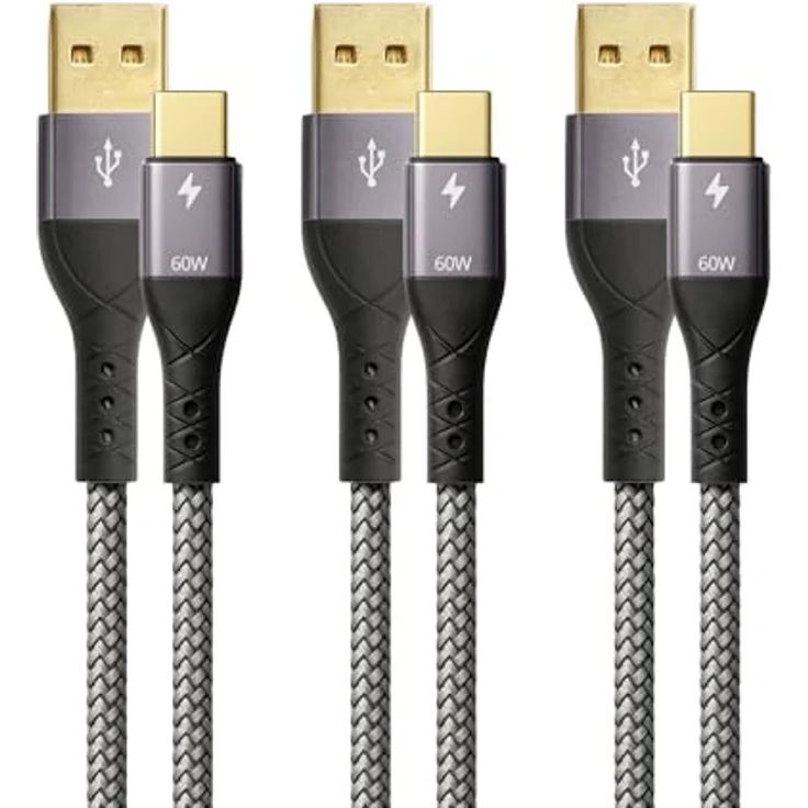 ProfiPatch USB A auf USB C Kabel 60W QC 3A, 3x2m grau, Textil, schnellladend für Notebooks, Laptops und Handys – Bild 1