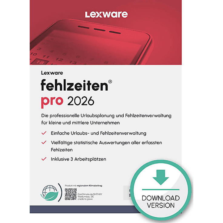 LEXWARE FEHLZEITEN PRO 2026, Steuersoftware für effizientes Fehlzeitenmanagement, Client-/Server-Lösung für 3 Arbeitsplätze