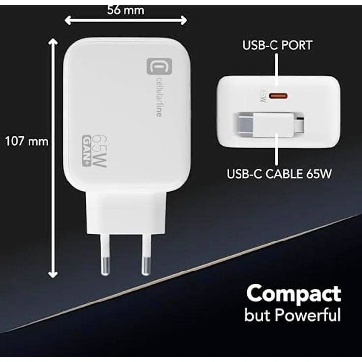 Cellularline 65W-Wandladegerät mit 90 cm einziehbarem USB-C-Kabel, GaN-Technologie, Doppeltem USB-C Power Delivery-Anschluss, Weiß – Bild 4
