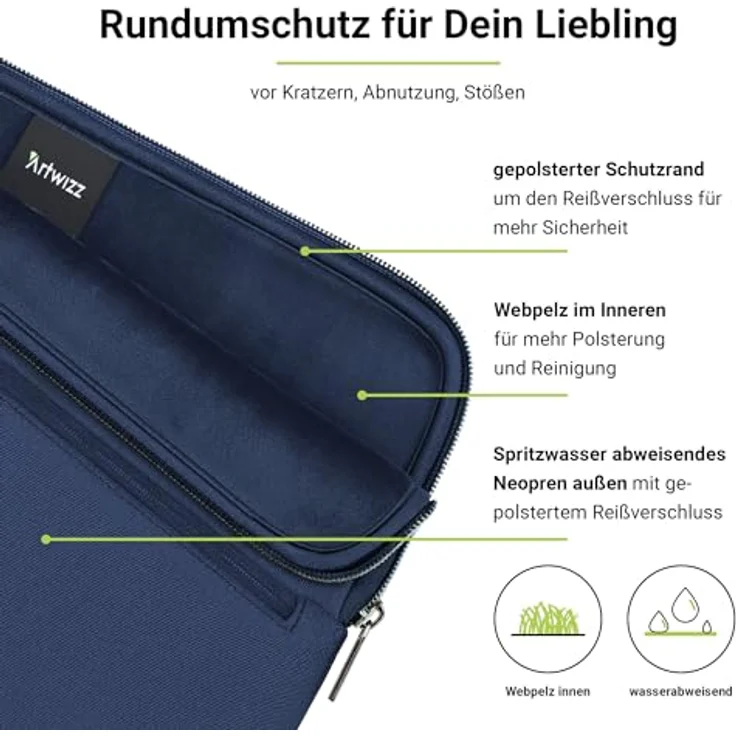 Artwizz Neoprene Sleeve PRO kompatibel mit MacBook Air 15, Schutzhülle mit Zubehör-Fach, Midnight-Blue, 15 Zoll – Bild 2