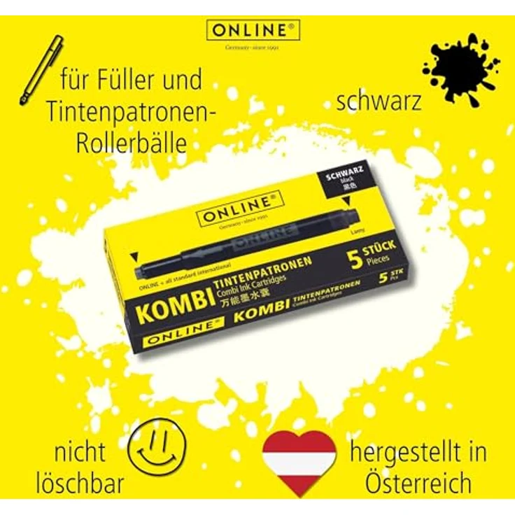 Online Pen Kombi-Tintenpatronen, 5 Stück schwarz, für Standard- und LAMY-Füller, hoher Tintenfluss – Bild 3