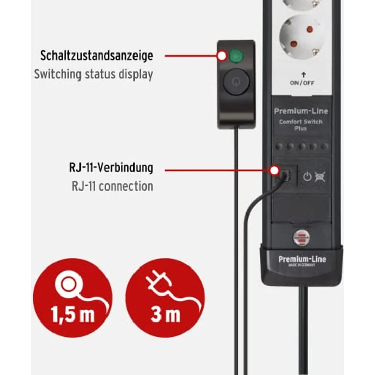 Brennenstuhl Premium-Line Comfort Switch Plus Steckdosenleiste 6-Fach (3m Kabel, zusätzlicher Hand-/Fußschalter, Steckdosenleiste Wandmontage, Made in Germany) schwarz/grau – Bild 3