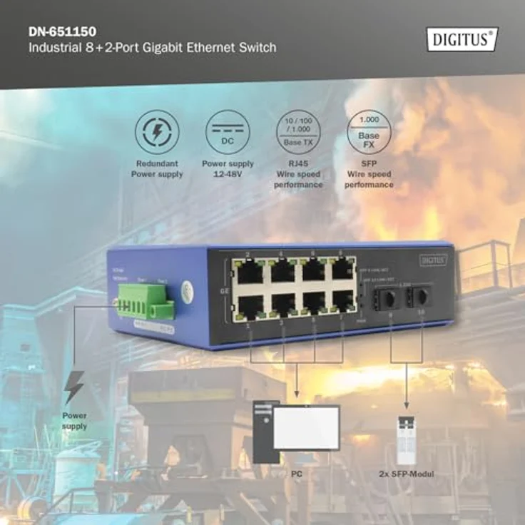 DIGITUS industrieller 10 Port Gigabit Ethernet Switch - 8 RJ45 Ports - 2 SFP-Ports - IP40 Schutzklasse - 10/100/1000 Mbps - Hutschienenmontage - schwarz/blau – Bild 4