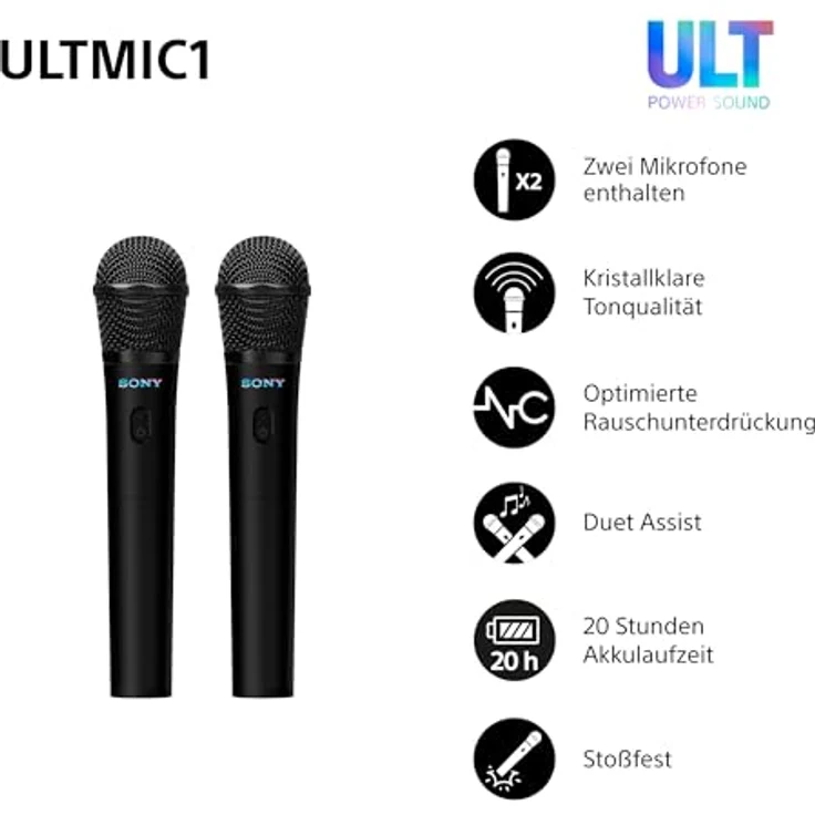 Sony ULTMIC1 Kabelloses Mikrofonset mit 2 Mikrofonen, erweiterte Rauschunterdrückung, 20 Stunden Akku, Duettunterstützung, stoßfest - Schwarz – Bild 2