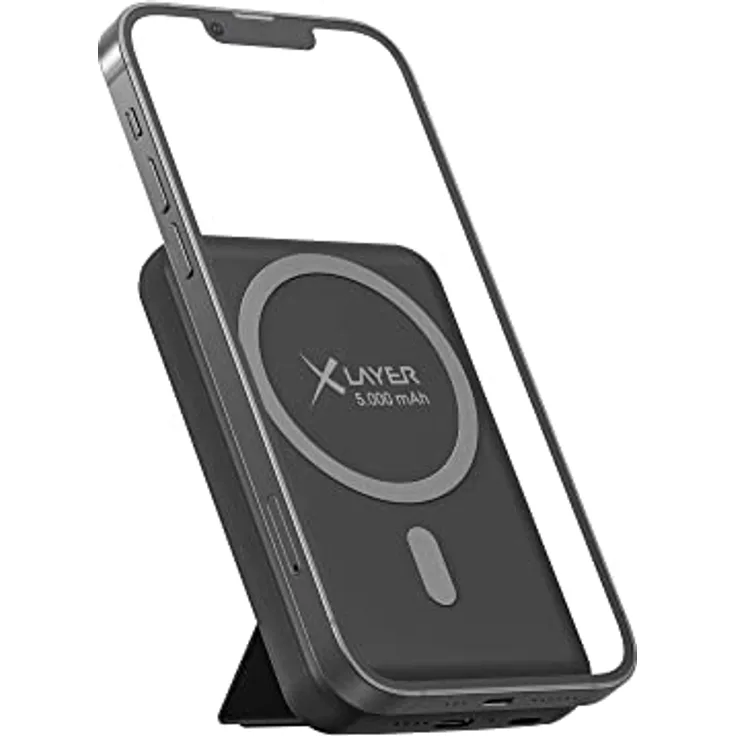 XLayer MagFix Pro 2-in-1 Magsafe Powerbank mit Standfuß 5.000 mAh Schwarz tragbarer Zusatzakku mit magnetischer Haltevorrichtung, kompatibel für iPhone 12/13/14