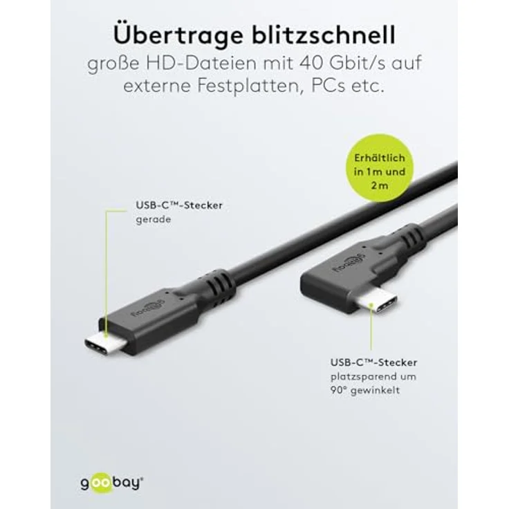 goobay USB-C Kabel 4.0/90° - 1m schwarz, 240W, 40 Gbit/s, Power Delivery, USB-C auf USB-C, ideale Lösung für Smartphone, Laptop und Festplatte, kompatibel mit Thunderbolt-79432 – Bild 3