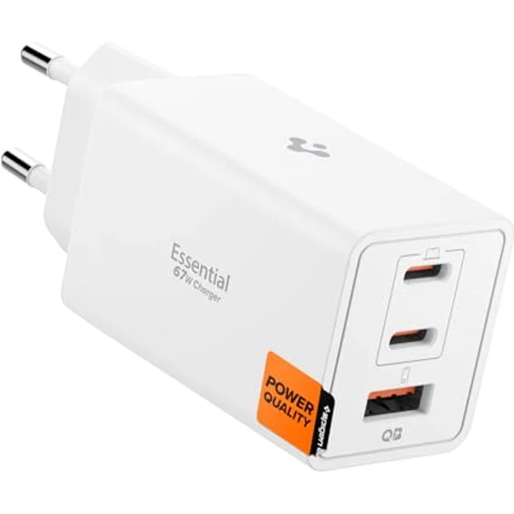 Spigen ArcStation Essential GaN 67W 3-Port USB-C & A Ladegerät, PPS Schnellladegerät mit PD 3.0 und Quantum-Boost-Technologie, Weiß – Bild 1