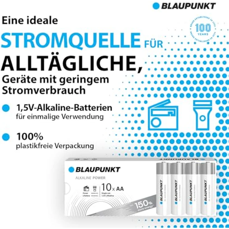 BLAUPUNKT AA Alkalibatterien LR6BPO/10CB, Packung mit 10, ideal für Wanduhren und TV-Fernbedienungen, bis zu 7 Jahre Batteriestromschutz – Bild 2
