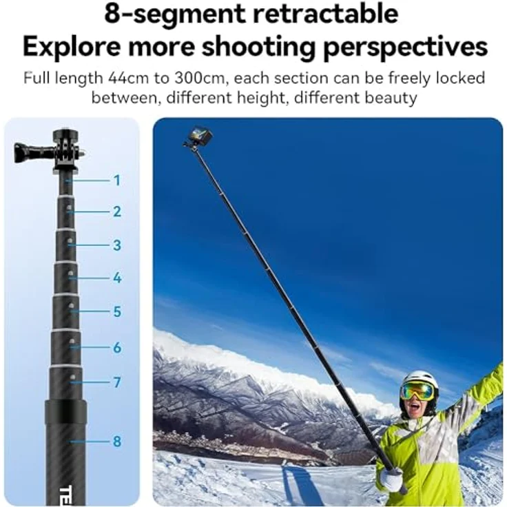 Telesin GP-MNP-300-3, Selfie Stick / Tripod aus Carbonfaser, 3m Höhe, leicht und stabil, kompatibel mit Kameras und Smartphones – Bild 4