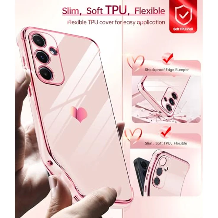 LeYi Hülle für Samsung Galaxy A55 5G, TPU Silikon Schutzhülle mit Herz-Muster und 2 Schutzfolien, stoßfest und kratzfest, rosa – Bild 3