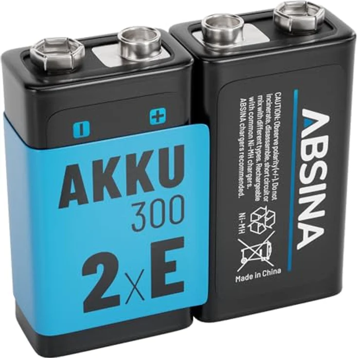 ABSINA 2X 9V Akku Block wiederaufladbar 300 mit geringer Selbstentladung - NiMH Akku mit 270mAh, 8,4V - E Block 9V Batterie, 9V Batterie Akku – Bild 1