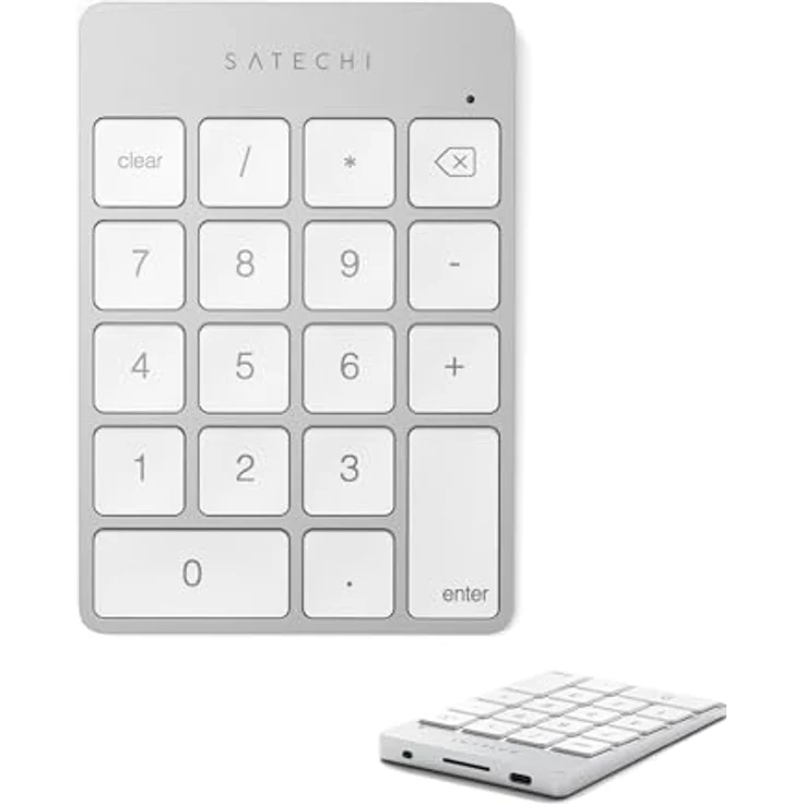 SATECHI Bluetooth Zahlenblock, Kabelloser Aluminium 18-Tasten Nummernblock, USB-C wiederaufladbar, kompatibel mit Mac und Windows – Silber – Bild 1