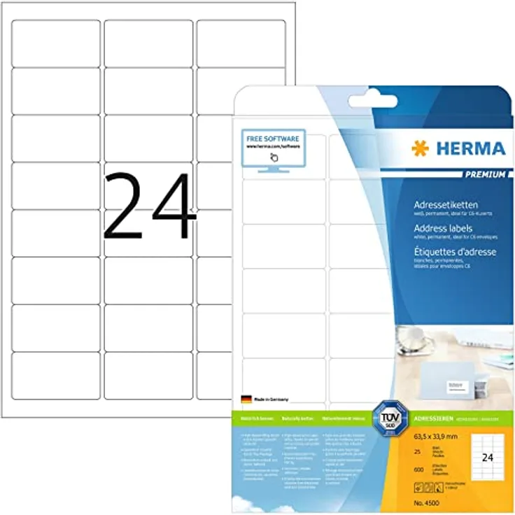 Adressetiketten, 25 Blatt, 63,5 x 33,9 mm, 24 Stück pro A4 Bogen, 600 Aufkleber, selbstklebend, bedruckbar, matt, blanko Adressaufkleber aus Papier, weiß