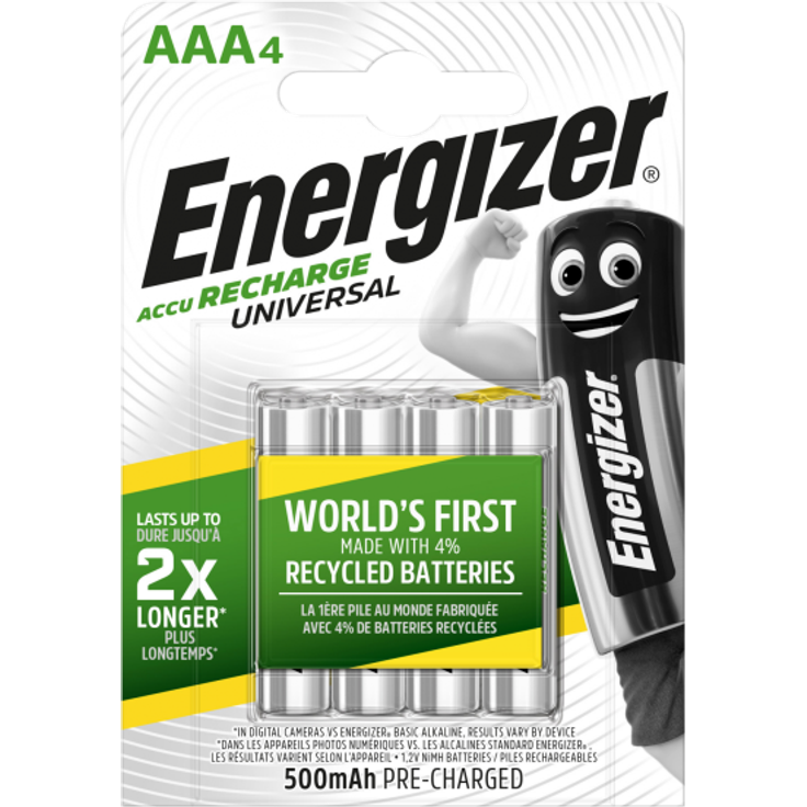 Energizer E301375700 NimH-Akku Rechargeable Universal Micro (1,2Volt 500mAh, vorgeladen 4er-Packung) Silber