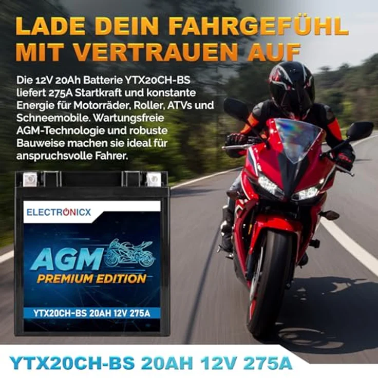 Electronicx YTX20CH-BS AGM Motorradbatterie 20Ah 12V - wartungsfrei, auslaufsicher, rüttelfest für Motorrad, Roller, Quad, ATV und Jetski – Bild 2