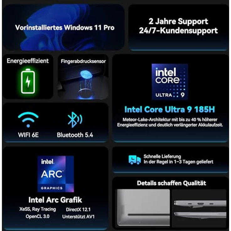 GEEKOM GeekBook X16 Pro, 16" 2.5K Business-Laptop, Intel Core Ultra 9, 32GB RAM, 2TB SSD, Metallgehäuse, bis zu 17h Akku, Windows 11 Pro – Bild 2