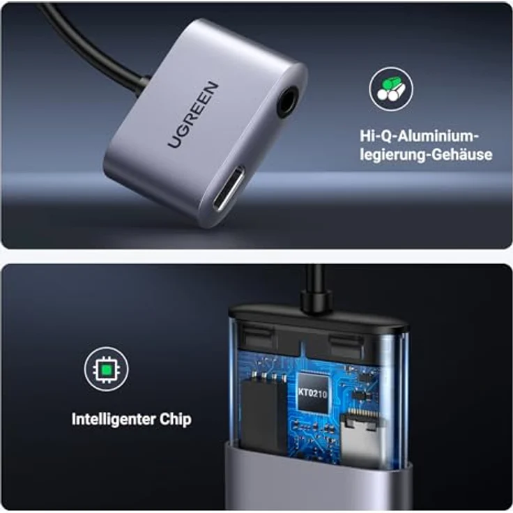 Ugreen USB Typ C (männlich) USB Typ C PD QC (weiblich) + 3,5mm Miniklinke (weiblich) Audio Adapter grau – Bild 6