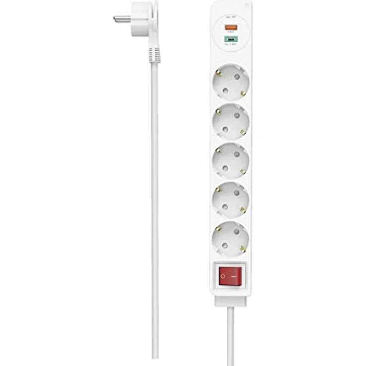 Hama Steckdosenleiste, 5-fach, USB-C/A 18W, PD/QC™, Schalter, Flachst., 1,4 m, W – Bild 1