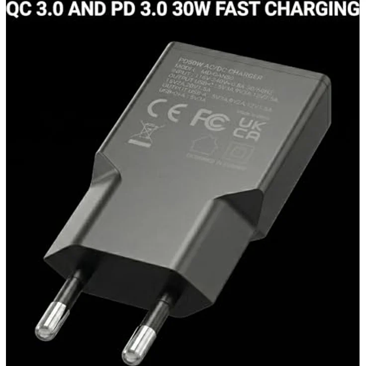 Mars Gaming MD-GAN30, USB-Ladegerät 30W mit PD 3.0 und QC 3.0, GaN-Technologie, ultrakompakt, 9 Sicherheitsfunktionen, USB-C und USB-A, Schwarz – Bild 2
