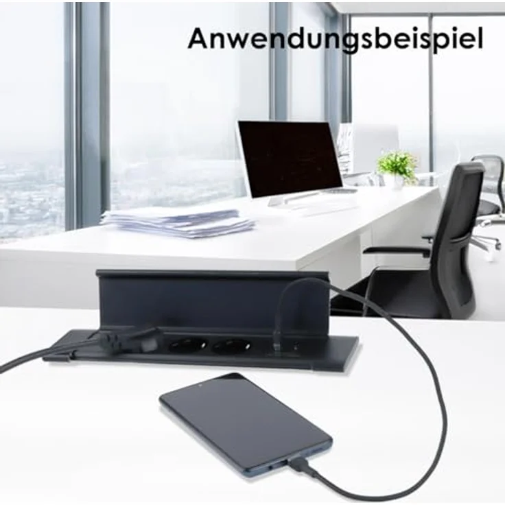 world-trading-net FLATBOX Tisch-Einbausteckdose 3-Fach mit USB-A & USB-C, flach, Aluminium/Kunststoff, 230V, 3600W, 1,8m Kabel, IP20 für Schreibtisch und Arbeitsplatte – Bild 4
