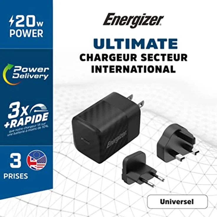 Energizer Schnellladegerät USB-C 20 W - 3 Steckdosen inklusive (EU/US/UK) - Schwarz – Bild 2