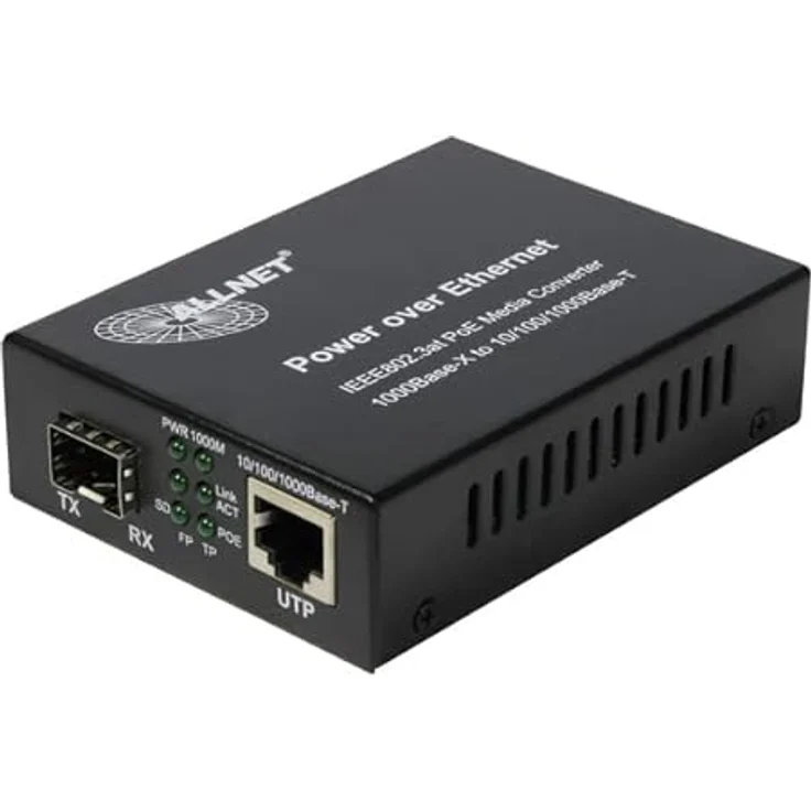 Allnet Transceiver All-MC202P-SFP1-PoE, 10/100/1000BaseT-1000BaseSX/LX SFP (mini-GBIC), mit IEEE802.3at PoE, Long Range Funktion, schwarz – Bild 1