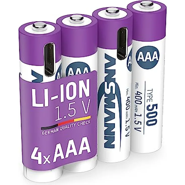 ANSMANN 4X Micro AAA Akkus Li-Ion mit USB Typ-C Anschluss, wiederaufladbar über USB-C/Hohe Leistung von 1,5 Volt & 500 mAh/Geeignet für Fernbedienung, Controller, Lampen, Spielzeug, Funkgeräte