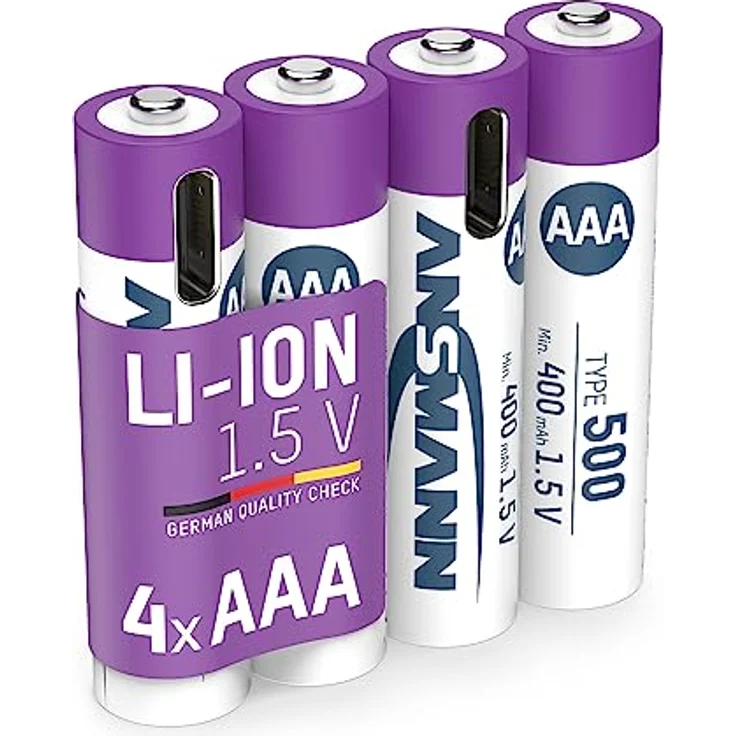 ANSMANN 4X Micro AAA Akkus Li-Ion mit USB Typ-C Anschluss, wiederaufladbar über USB-C/Hohe Leistung von 1,5 Volt & 500 mAh/Geeignet für Fernbedienung, Controller, Lampen, Spielzeug, Funkgeräte – Bild 1