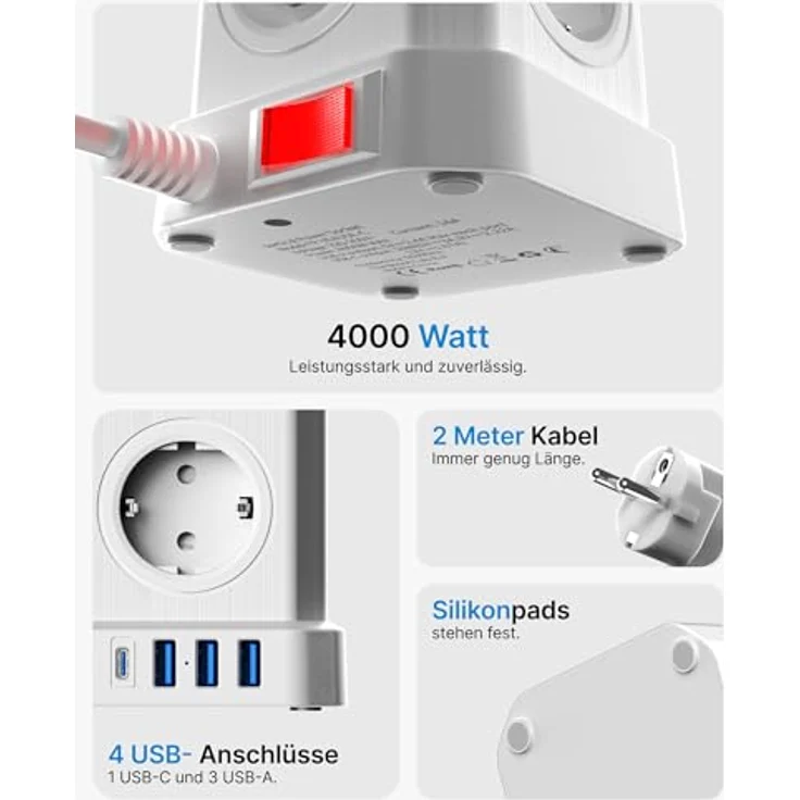 Voomy VOOMY 9-in-1 Steckdosenwürfel mit USB und Typ C, 5-Fach Steckdosenleiste, 3 USB-Anschlüsse, 4000W Mehrfachsteckdose mit Schalter, Überspannungsschutz, 2M Kabel, ideal für Büro und Werkstatt, Weiß – Bild 5