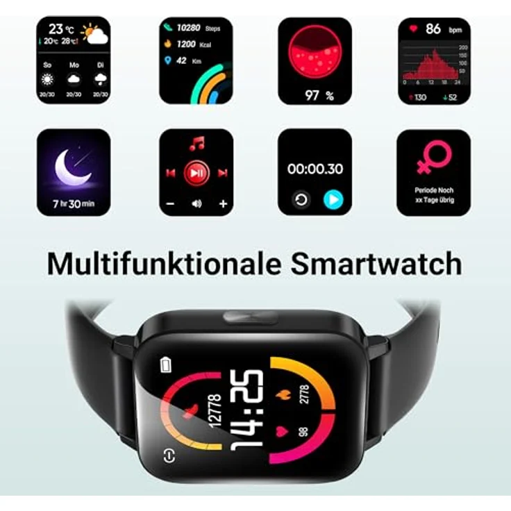 XINJI Smart Watch C1 mit Bluetooth 5.0, 1,69" Touchdisplay, Puls-/Blutsauerstoff-Messung, Kalorien-/Schrittzähler, Benachrichtigungsfunktion, App-Steuerung, Fernauslöser, 5ATM Wasserdicht, schwarz – Bild 3