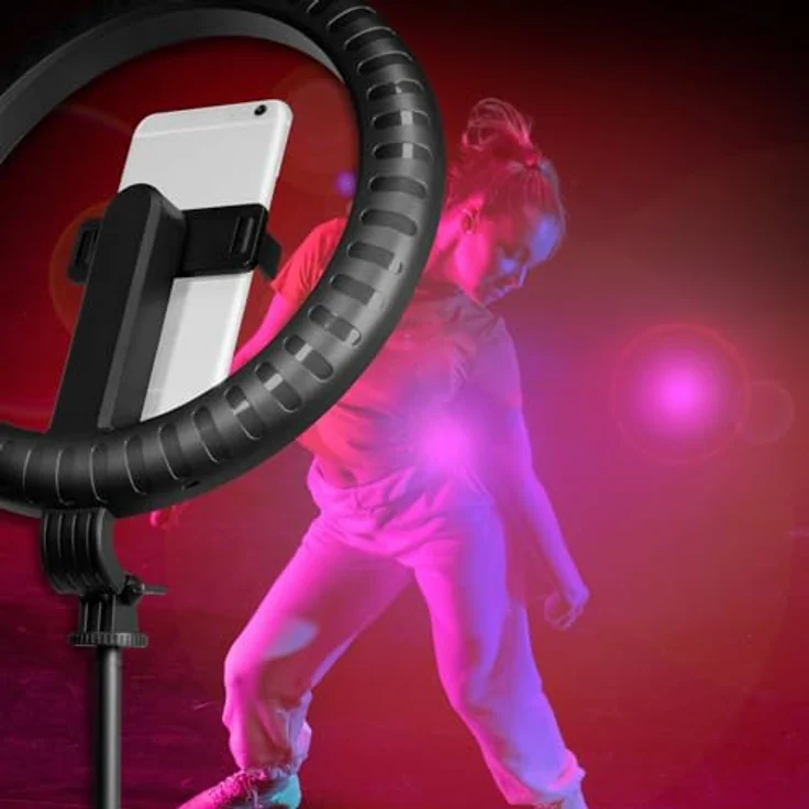LogiLink AA0156 Ringleuchte, zusammenklappbares LED-Ringlicht mit ausziehbarem Selfie-Stick-Stativ und Farbwechselfunktion, Schwarz – Bild 9