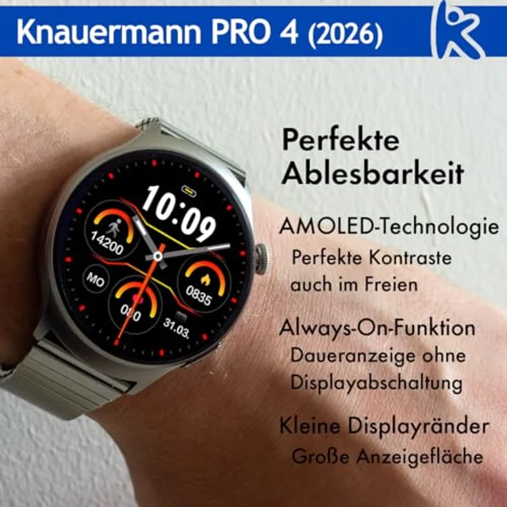 Knauermann PRO 4 (2026) 47 mm, Smartwatch mit AMOLED-Display, 75 Sportmodi, 30 Tage Akkulaufzeit, Gesundheitsfunktionen und Telefonie – Bild 9